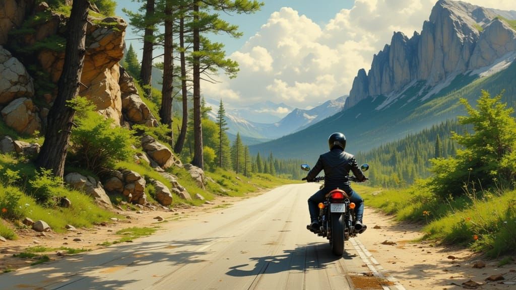 Philosopher Rides Motorcycle on Mountain Road in Golden Ligh...