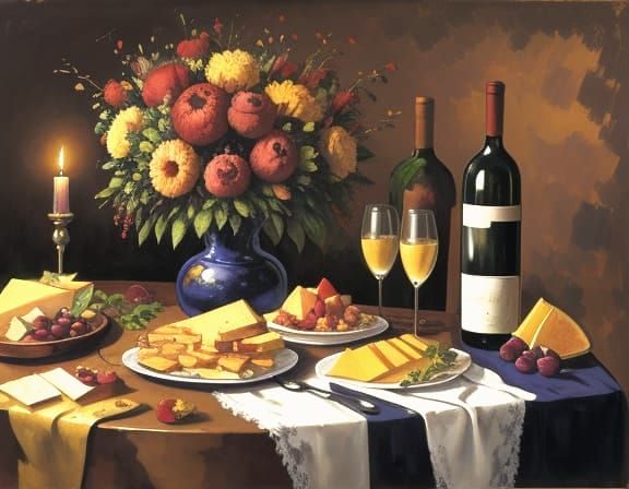 Still Life with Wine and Fruit in Oil Portrait
