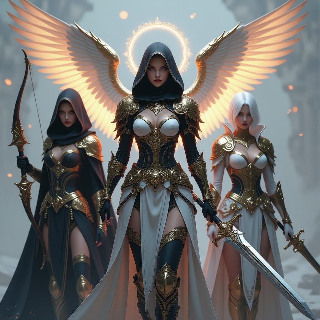 Fantasy Female Figures in Ornate Armor, 3D Rendering