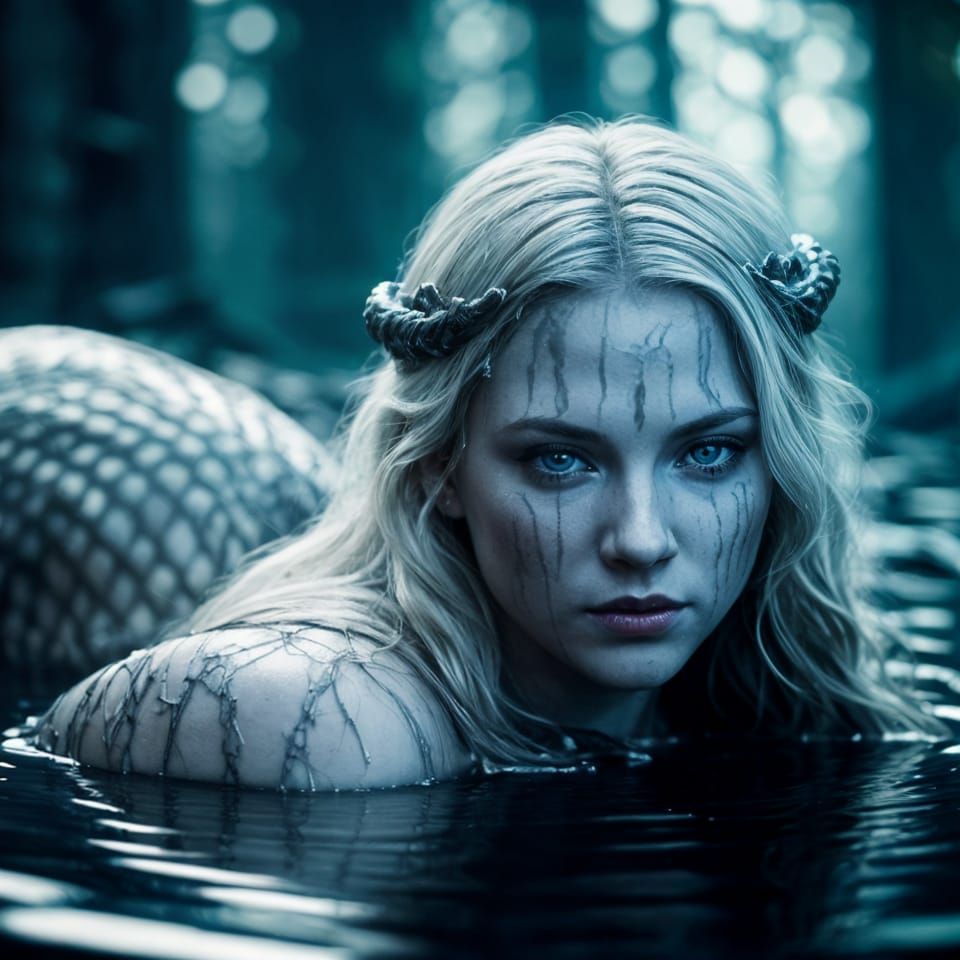 Cinematic Lamia in Dark Cave with Alluring Look