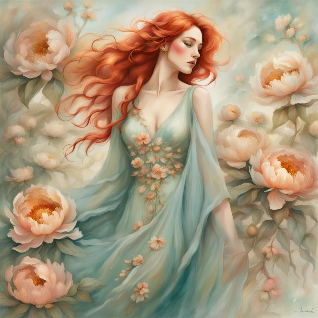 Graceful Woman in Peony Gown: A Dreamy Portrait