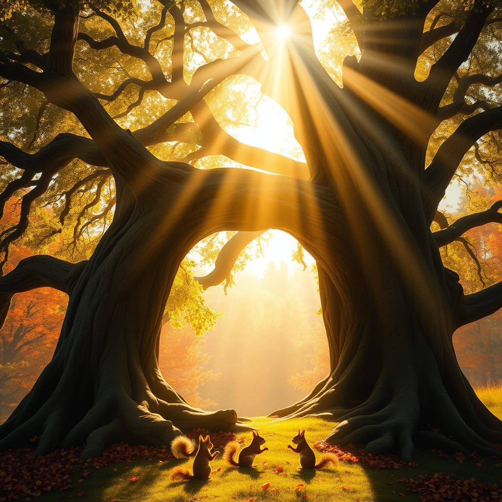 Ancient Oak Tree Scene in Whimsical Hyper-Realistic Style