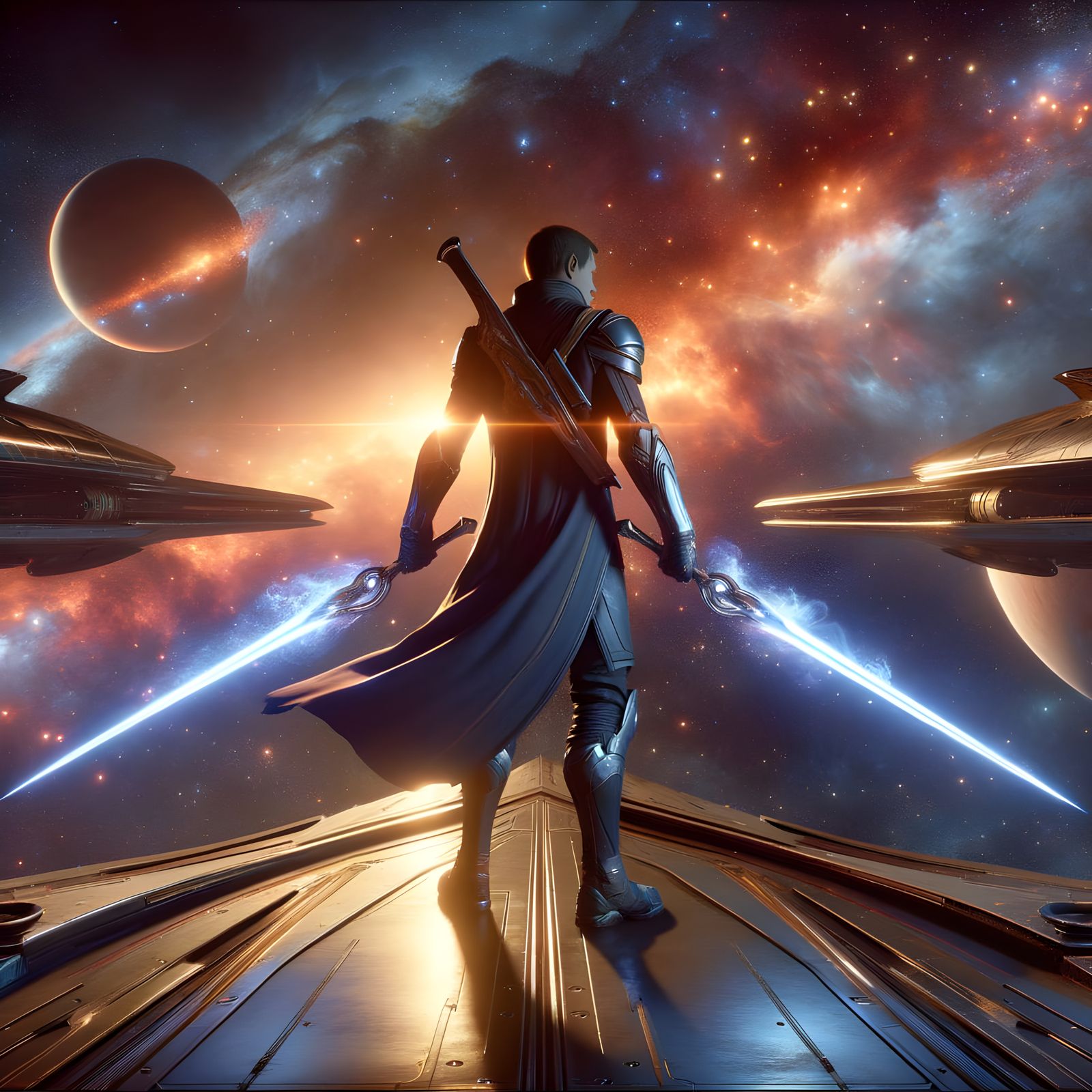 Revan Stands Tall on the Ebon Hawk in a Radiant Cosmos