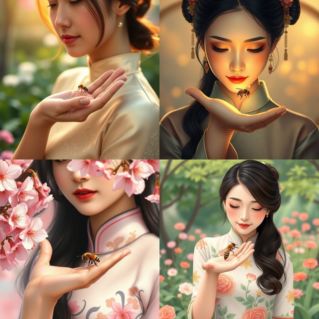 Bee on Hand: Realistic Image of Asian Woman