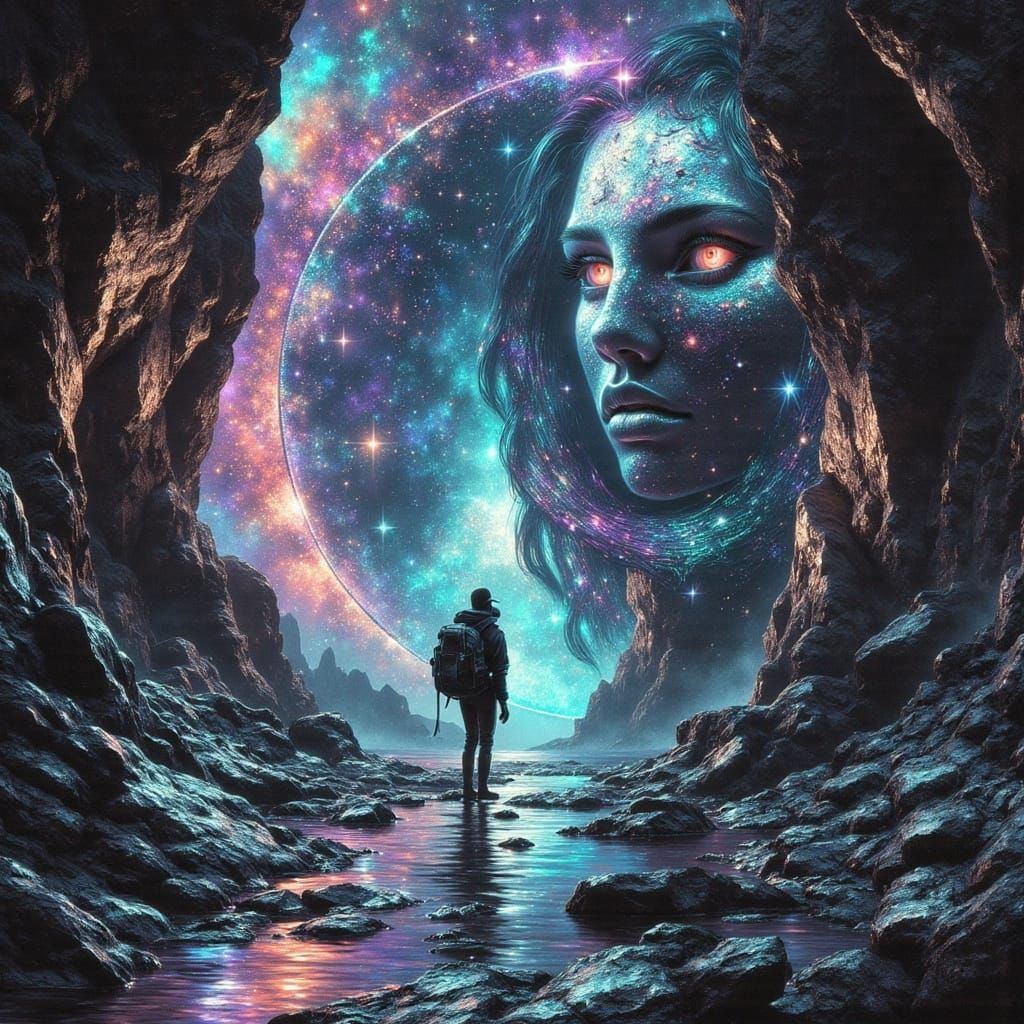 Deep within a bioluminescent cavern, an intrepid explorer discovers an ancient artifact