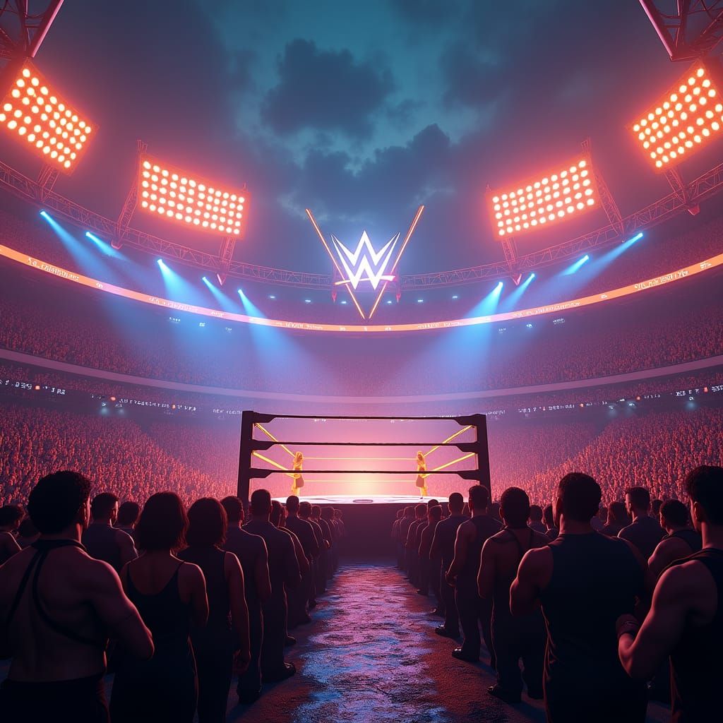 Fantasy WWE Arena in Retro-Futuristic Digital Art Style