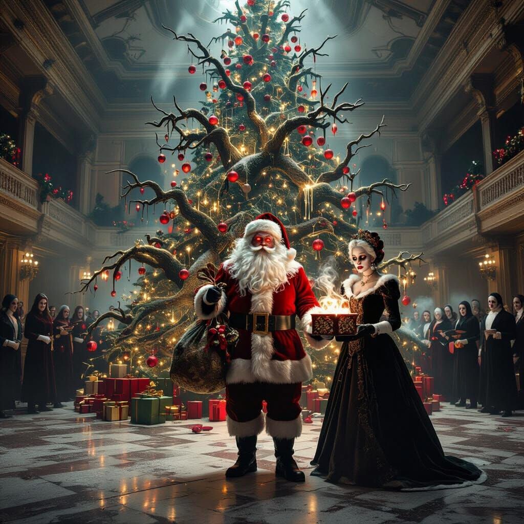 Haunted Ballroom with Terrifying Santa and Undead Carolers