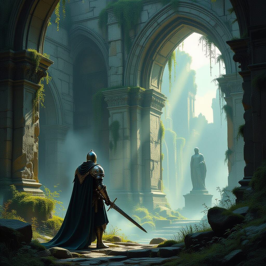 Lone Knight in Ancient Ruin, Fantasy Concept Art Style
