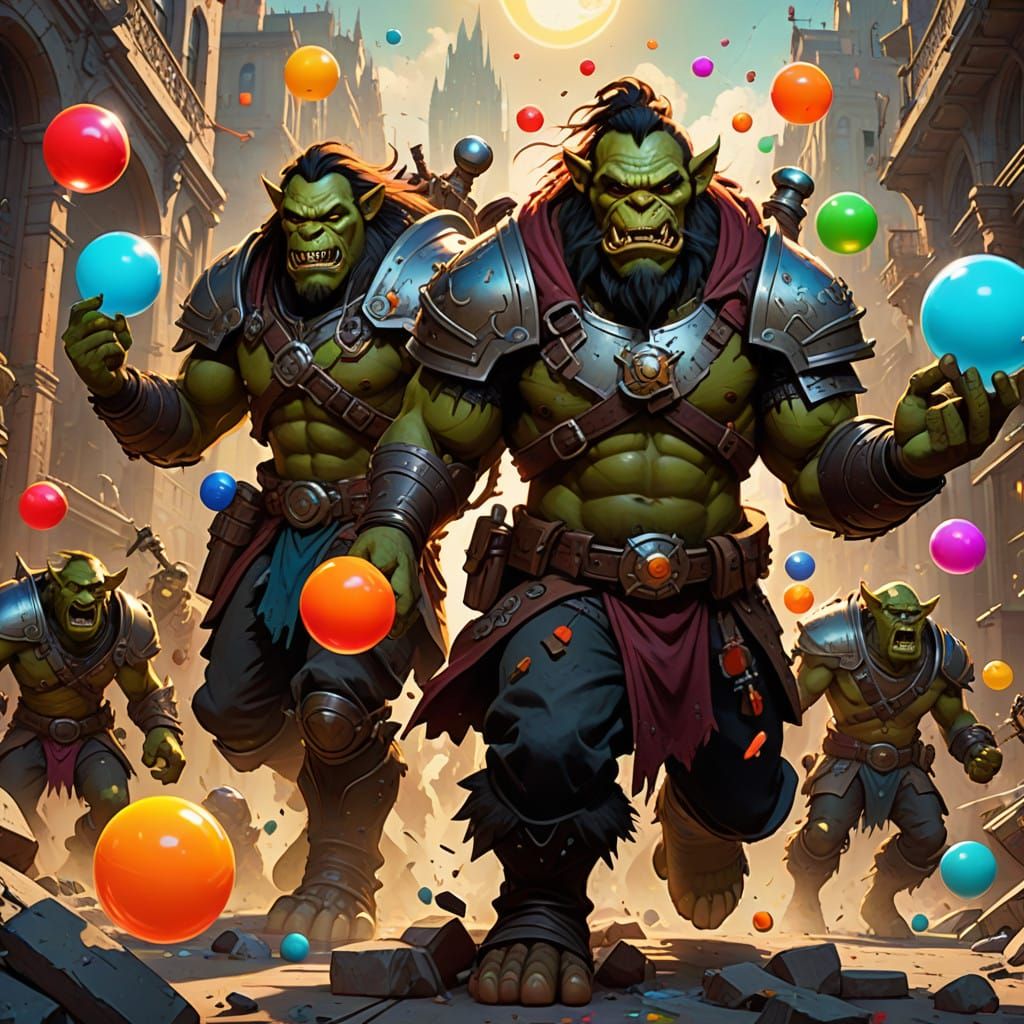 Orcs Clash in Vibrant, Sun-Drenched Battle with Bouncy Balls