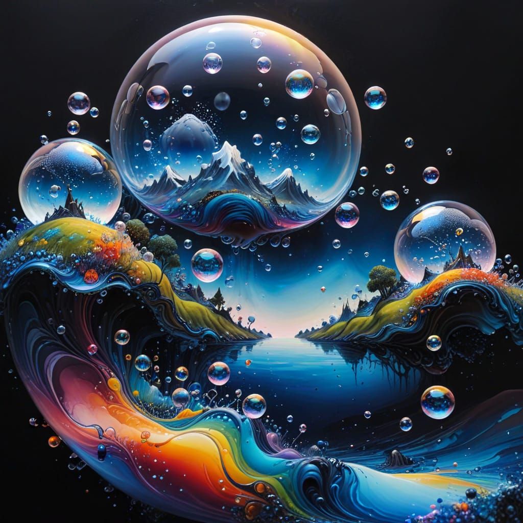 Magical Soap Bubble Fantasy Landscape in Oil Painting Style