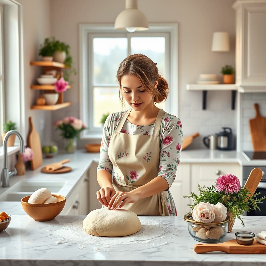 Woman Baking Bread in Bright Kitchen, Photorealistic Style