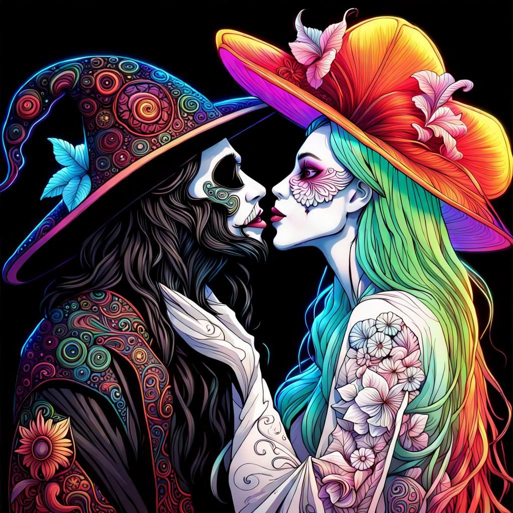 Wizard and Witch Kiss in Neon Bioluminescence
