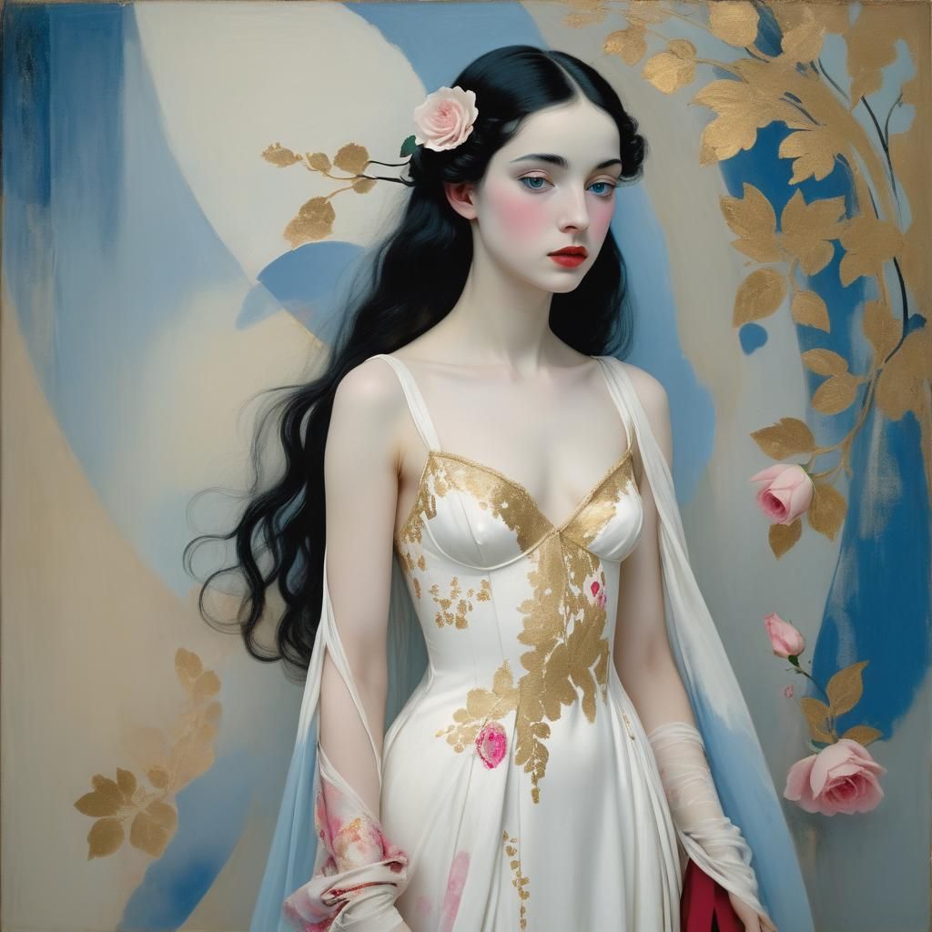 Woman in Flowing Gown with Floral Lace