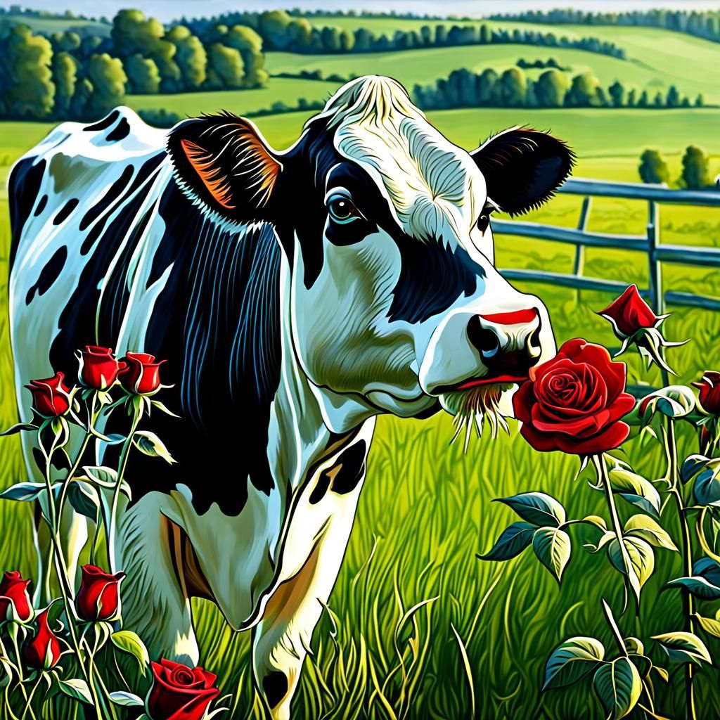 Holstein Cow Sniffs Rose in Detailed Matte Painting