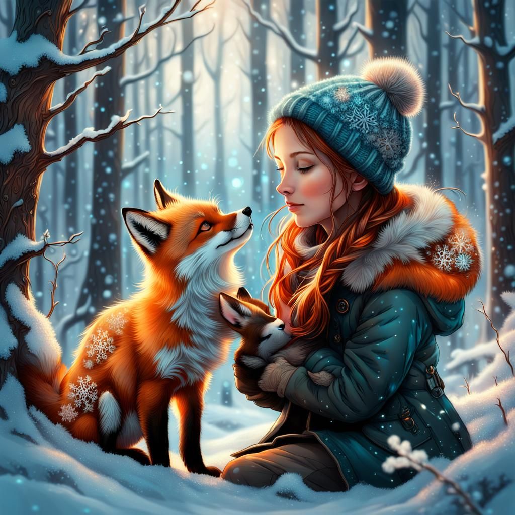Girl and Fox Cub in Bioluminescent Winter Forest