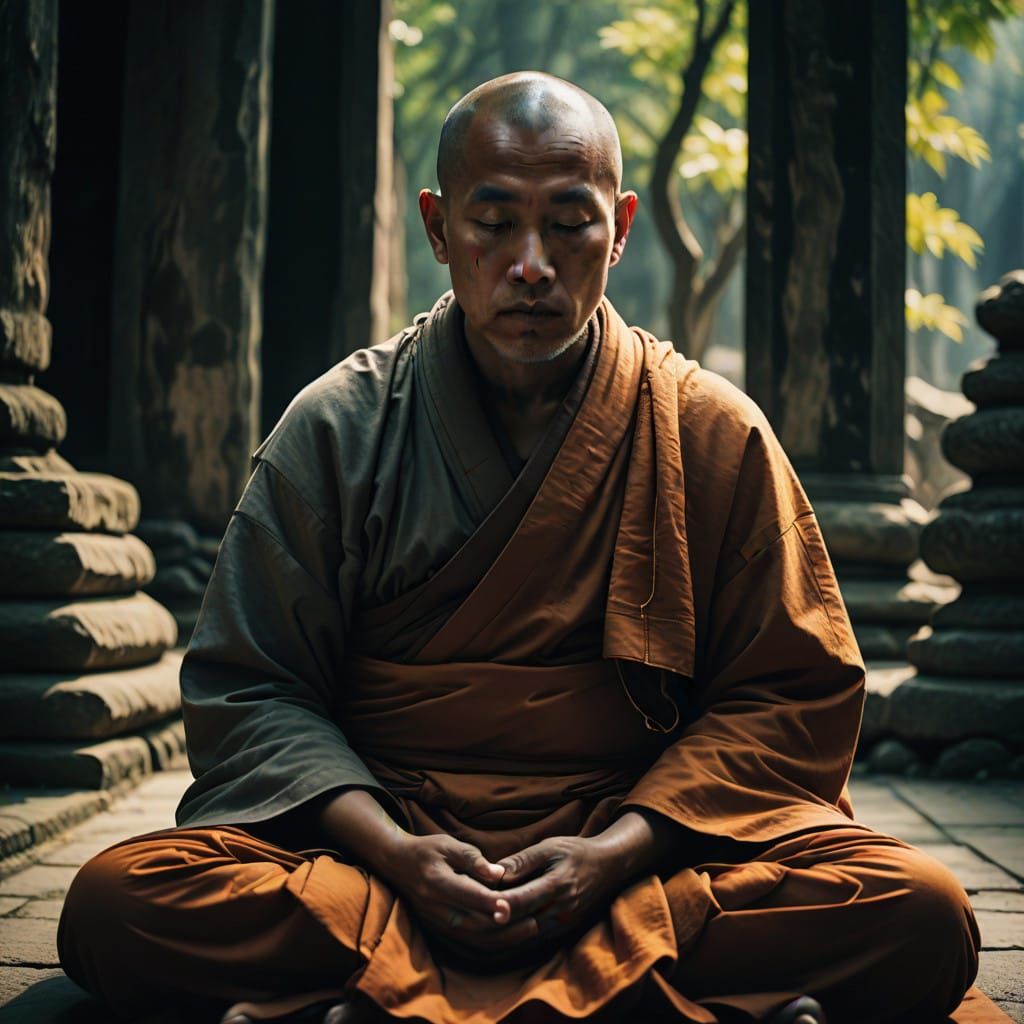 Meditative Monk in Cinematic 35mm Film Still