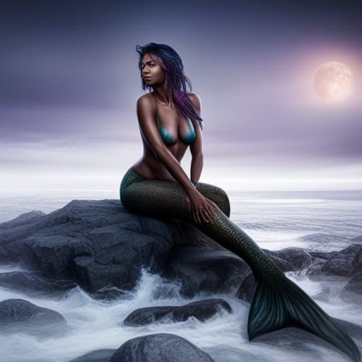 Black Mermaid on Beach Rock: Fantasy Concept Art