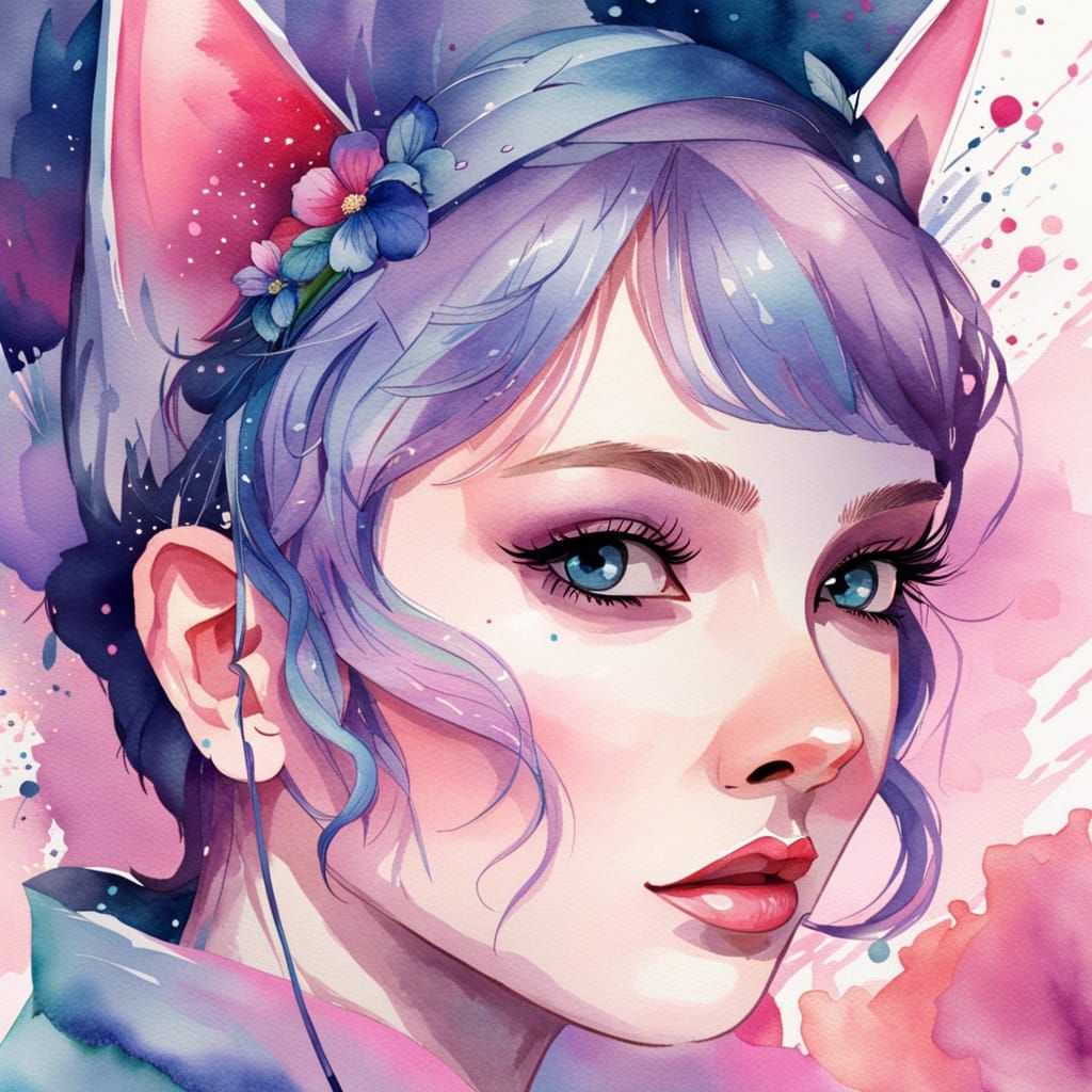 Blushing Cat-Eared Girl in Watercolor Illustration