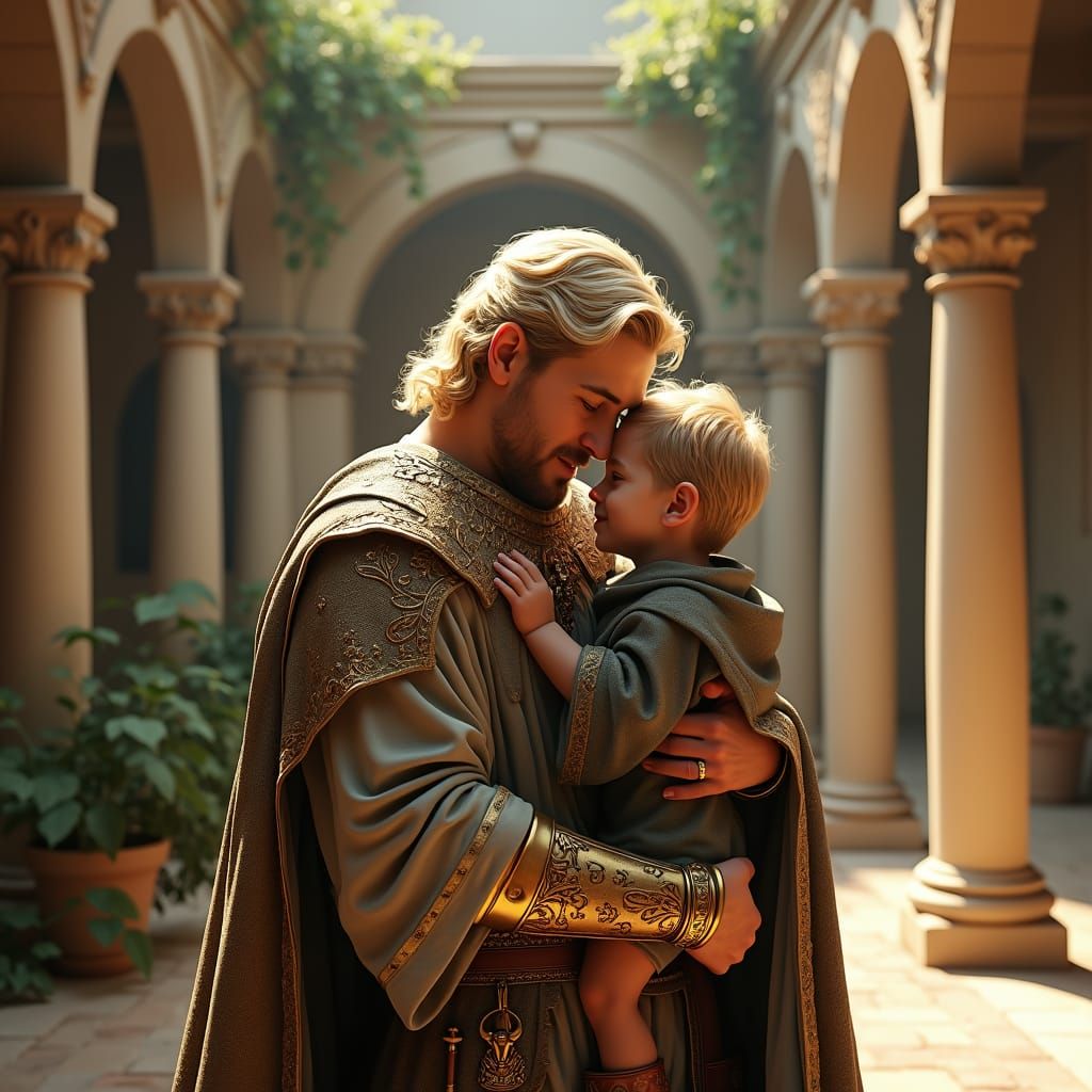 King and Son Embrace in Sunlit Courtyard