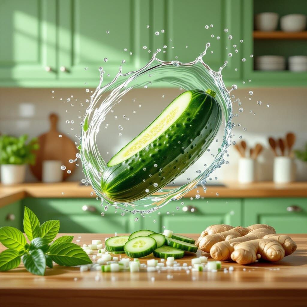 Cucumber Vortex in Fresh Kitchen, Hyper-Realistic Food Scene