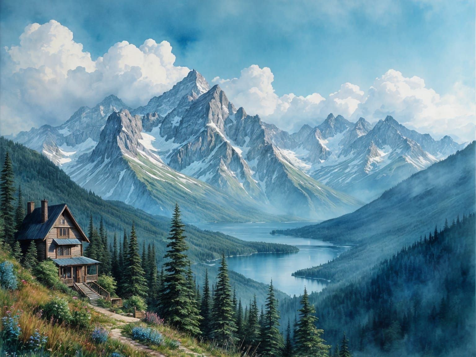 Watercolor Landscape with Mountains and Lake