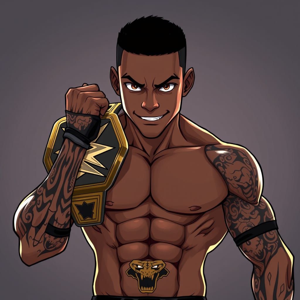 Anime Wrestler with Skeleton Tattoos Holds Championship Belt