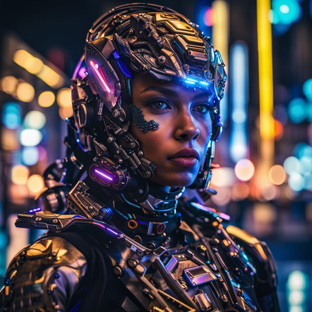 Futuristic Cyborg Girl in Neon Cityscape