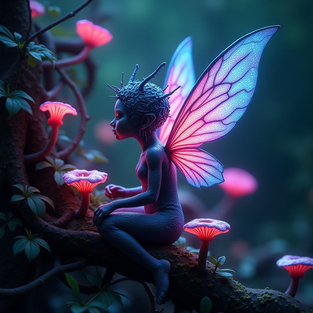 Neon Pixie in Surreal Fantasy Landscape