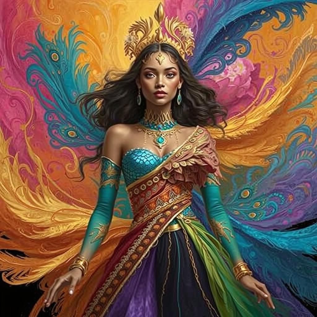 Dragon Peacock Woman in Abstract Expressionist Style