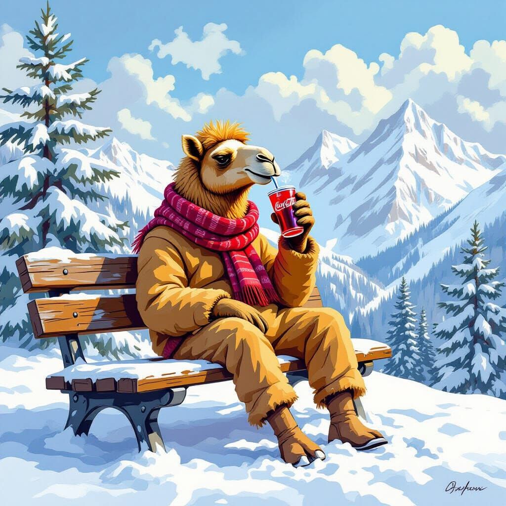 Camel Enjoys Cola on Snowy Peak Bench
