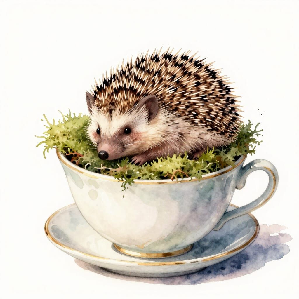 Hedgehog Resting in a Teacup Nest