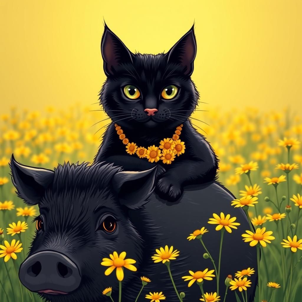 Cat on Pig in Daisy Field, Comic Book Art