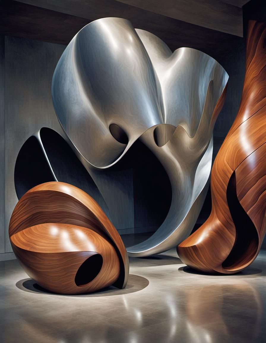 Abstract Wood and Silver Sculpture in Museum