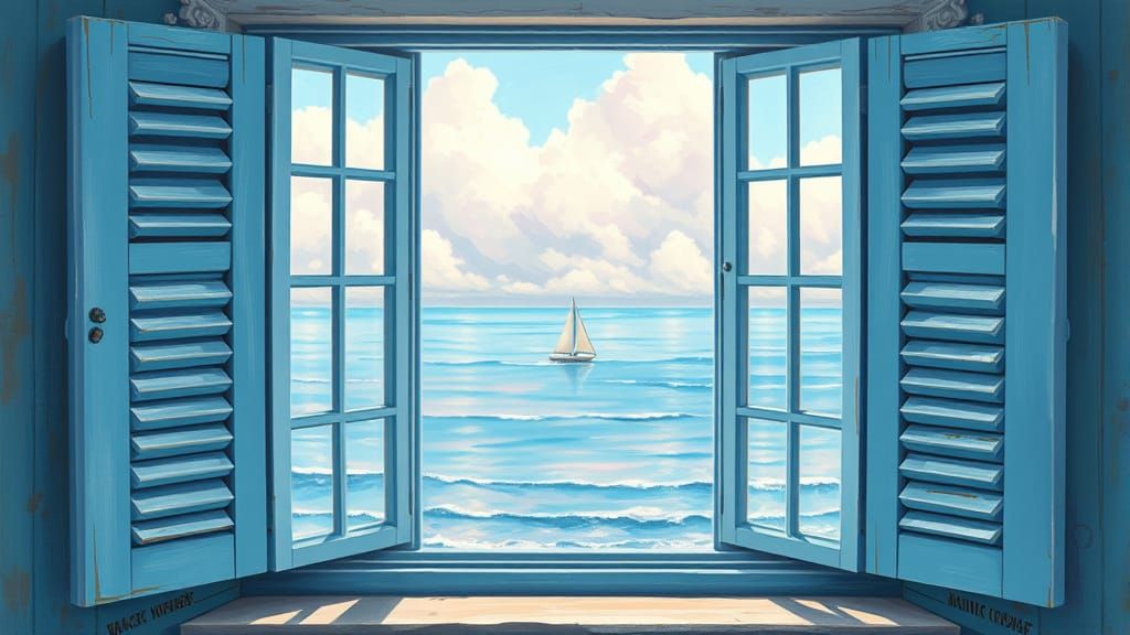 Seascape Through Window with Shutters in Impressionistic Sty...