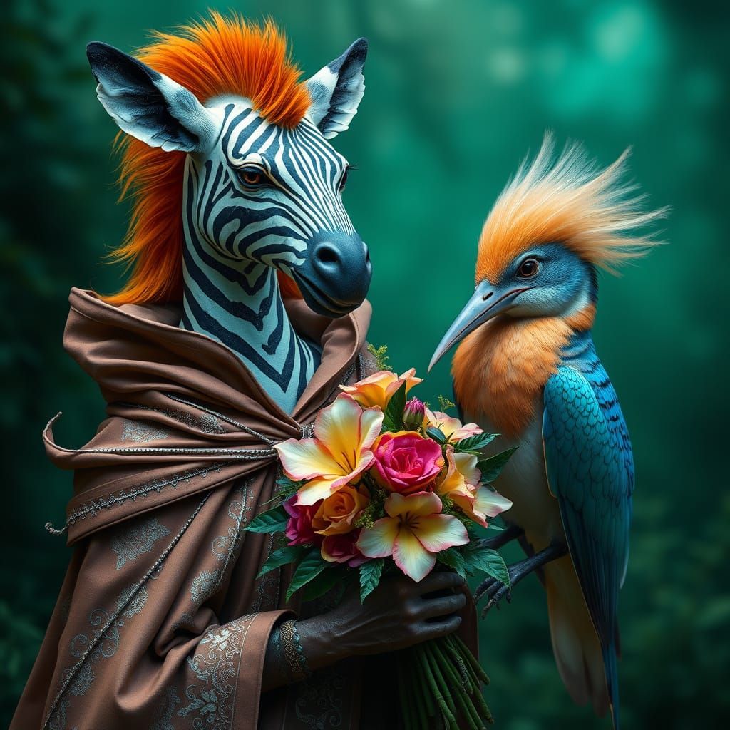 Orange Zebra-Headed Figure in Whimsical Fantasy Art