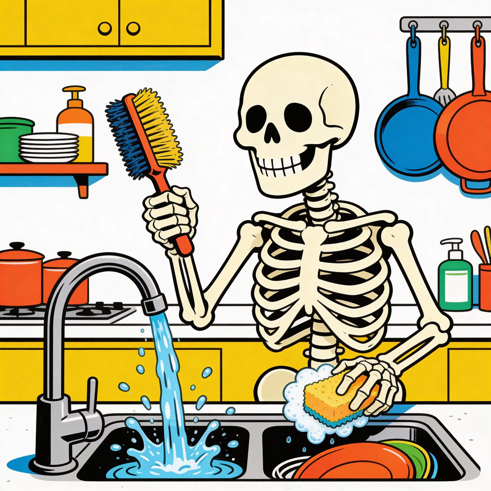 Skeleton Washing Dishes Humorously in Colorful Illustration ...