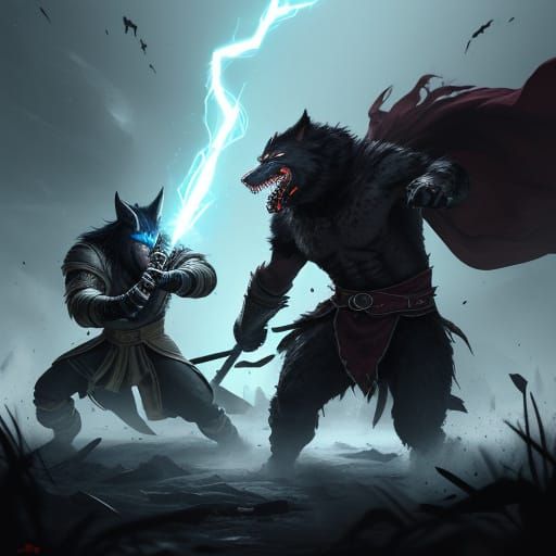 Epic Fantasy Battle in a Cyberpunk Aesthetic