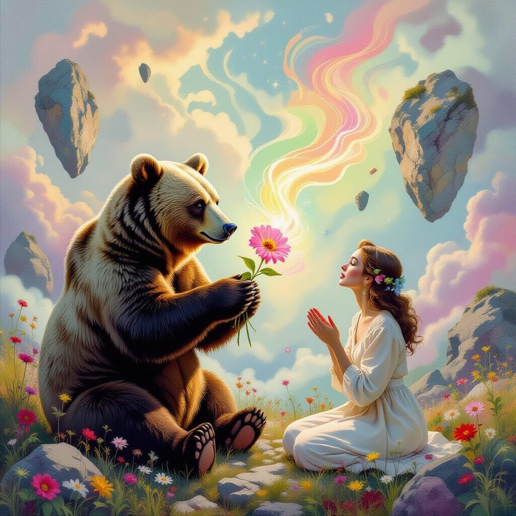 Grizzly Bear Offers Flower in Dreamlike Surreal Landscape