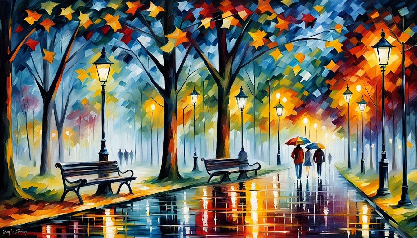 Colorful Park Scene at Sunset in Impressionist Style