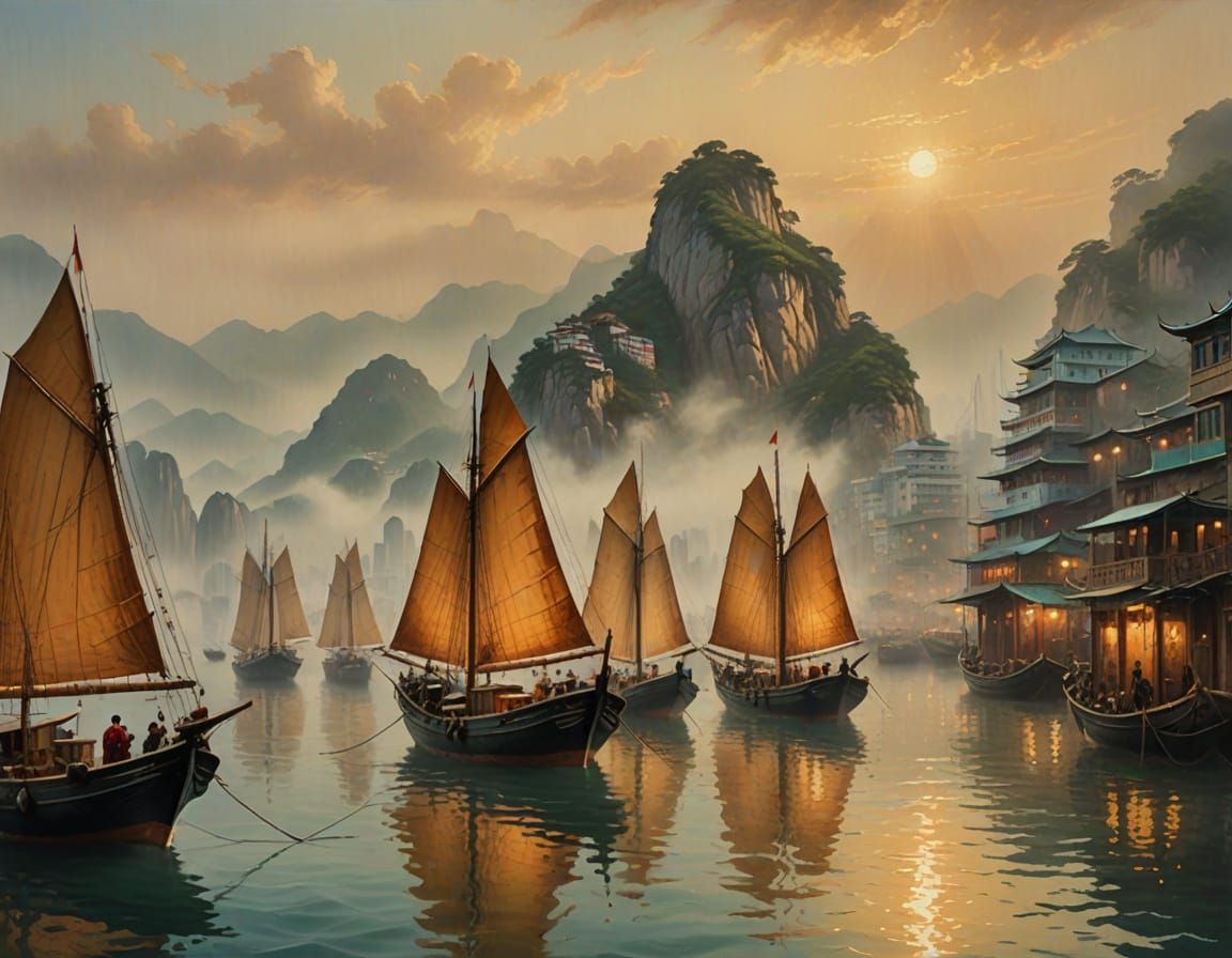 Hong Kong Harbor Fishing Boats in Historic Oil Painting