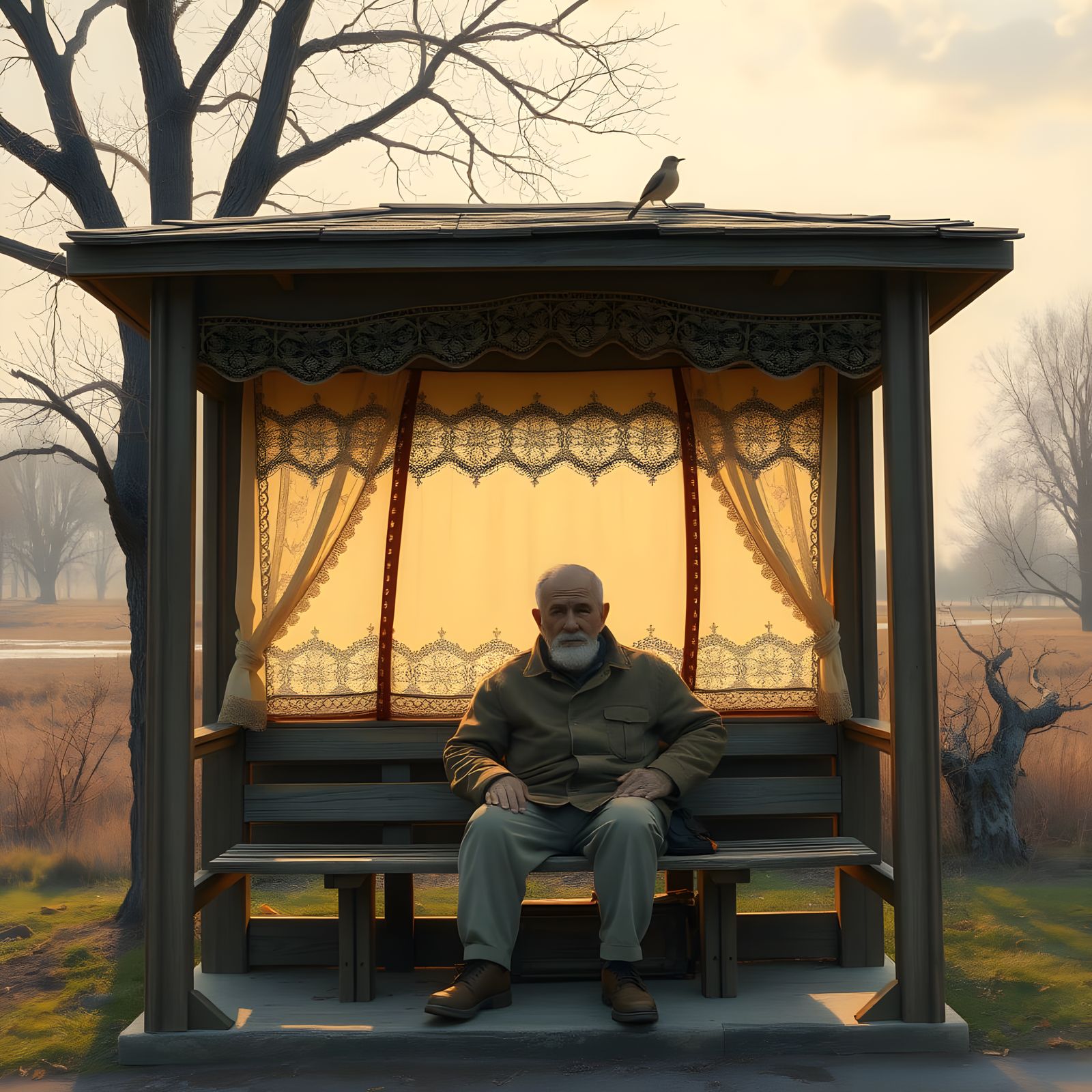 Rustic Morning Bus Shelter in Spring