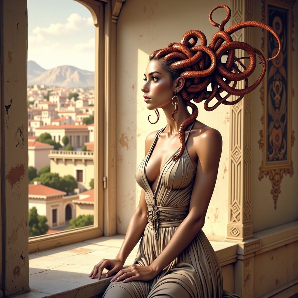 Beautiful Gorgon Gazing at Ancient Greek City