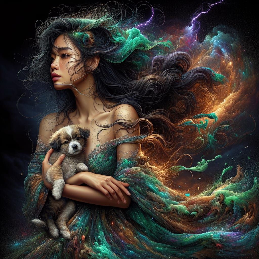 South Asian Goddess Cradling Adorable Puppy at Night