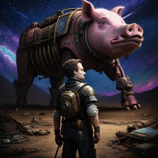 Scavenger Boy with Mechanical Pig, Oil Painting