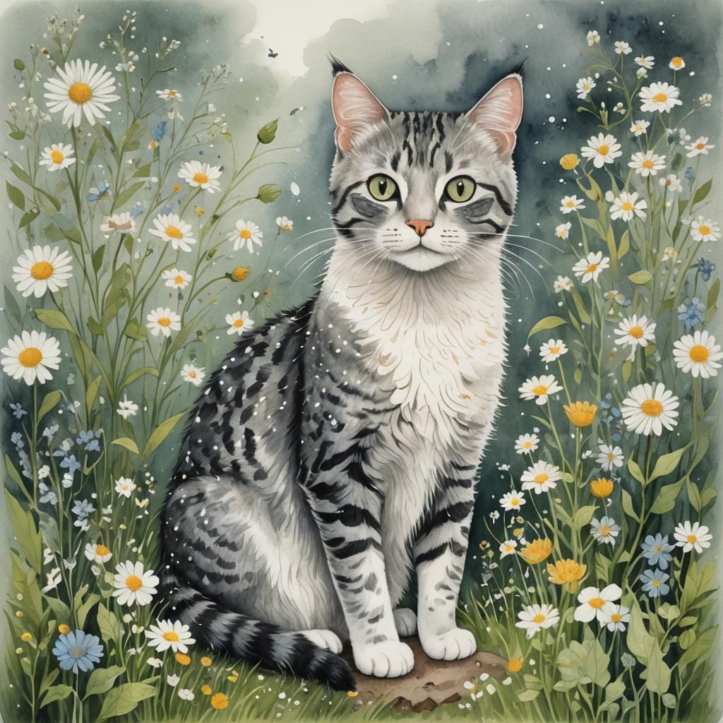 Cute Cat Watercolor Painting with Ink Details