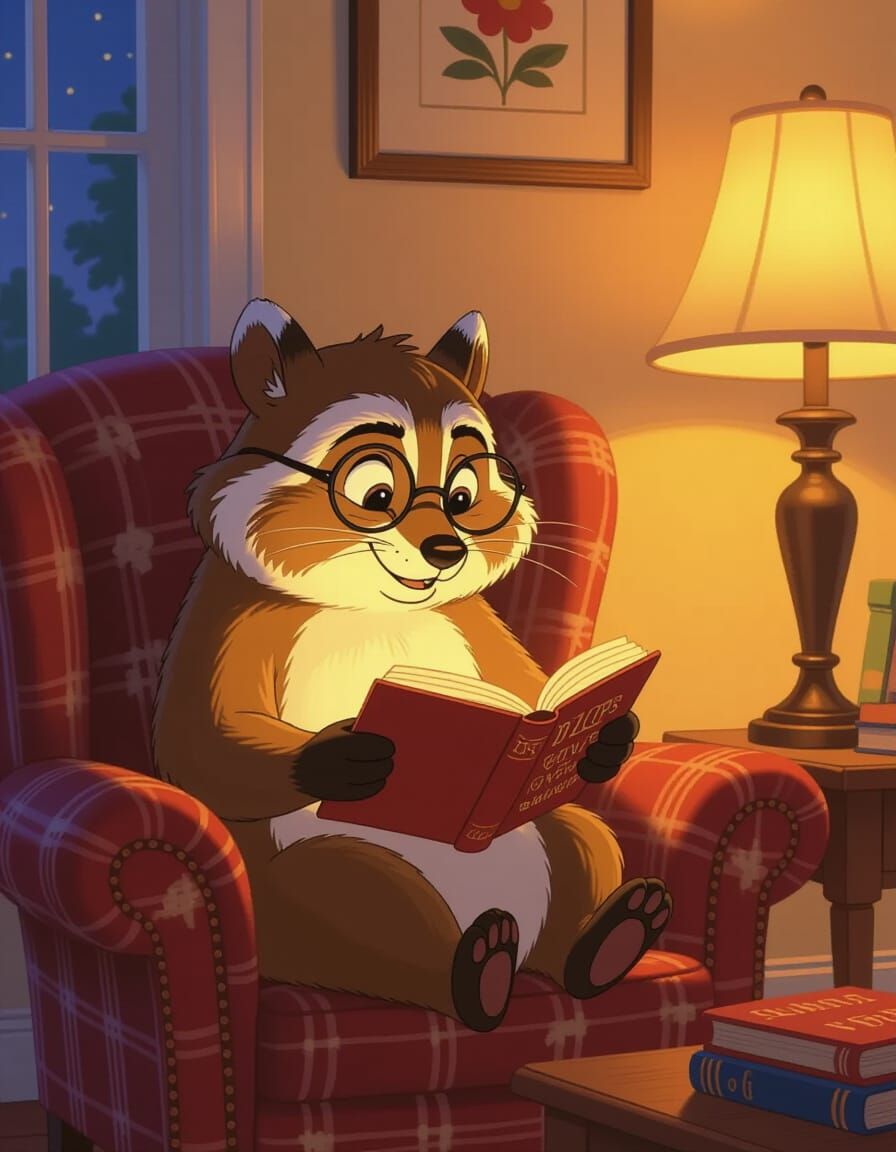 Cute Raccoon Reads Book in Cozy Armchair