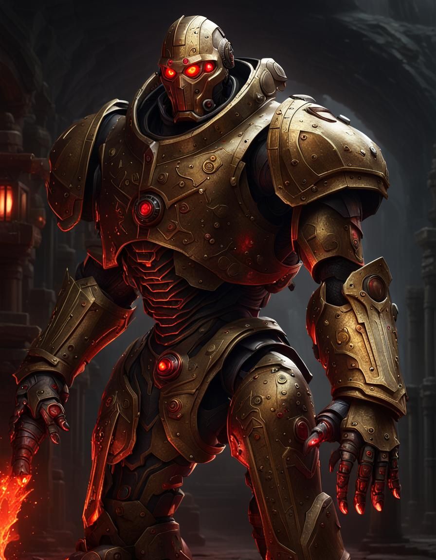 Damaged Warforged Robot in Dark Fantasy Style