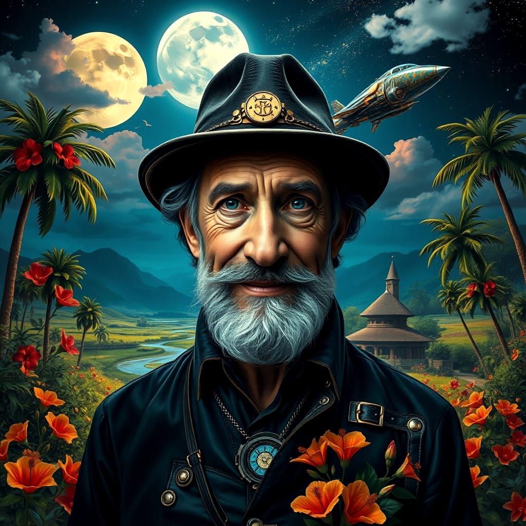 Elderly Man with Steampunk Accents in a Futuristic Landscape