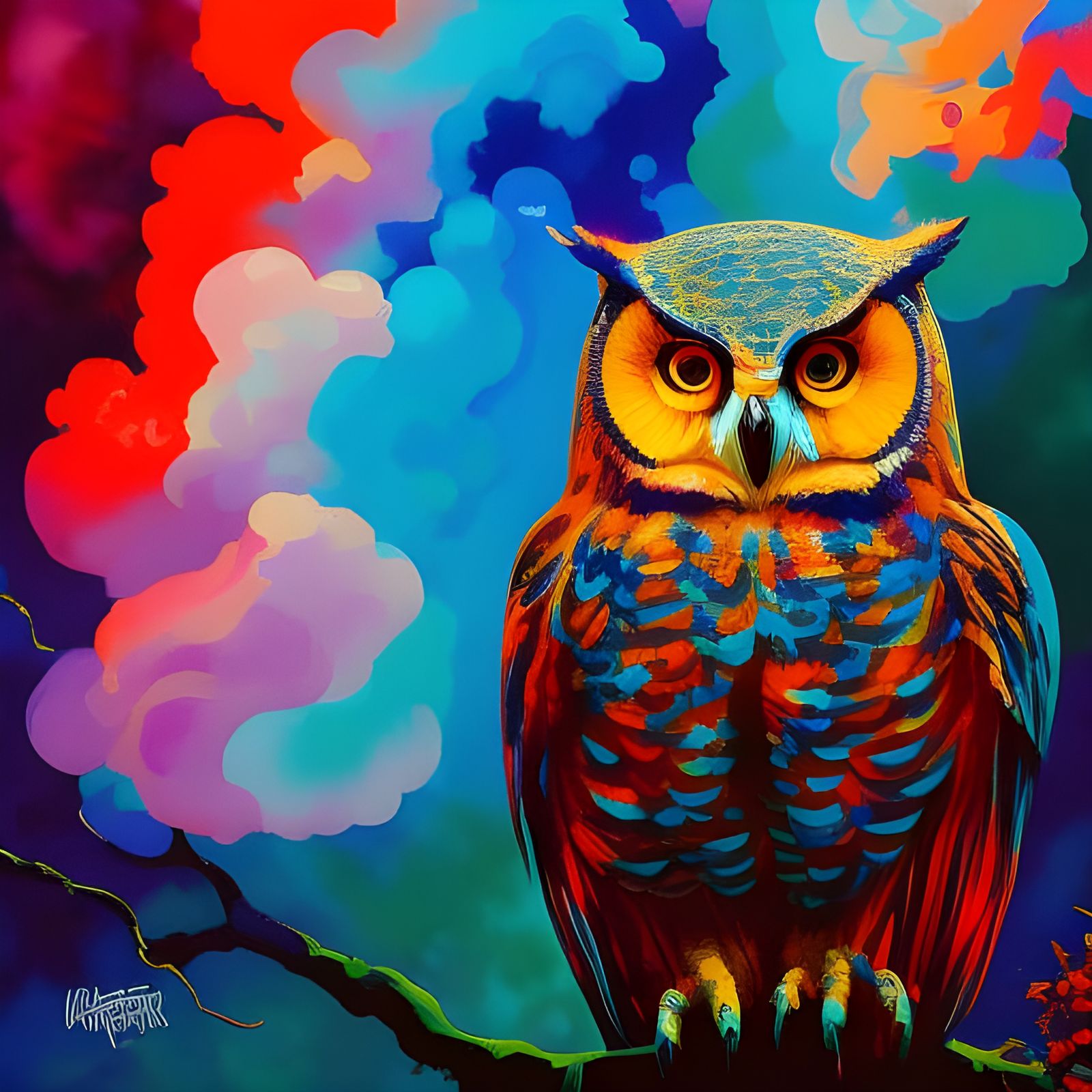 Colorful Owl Portrait with Watercolor Smoke Effects