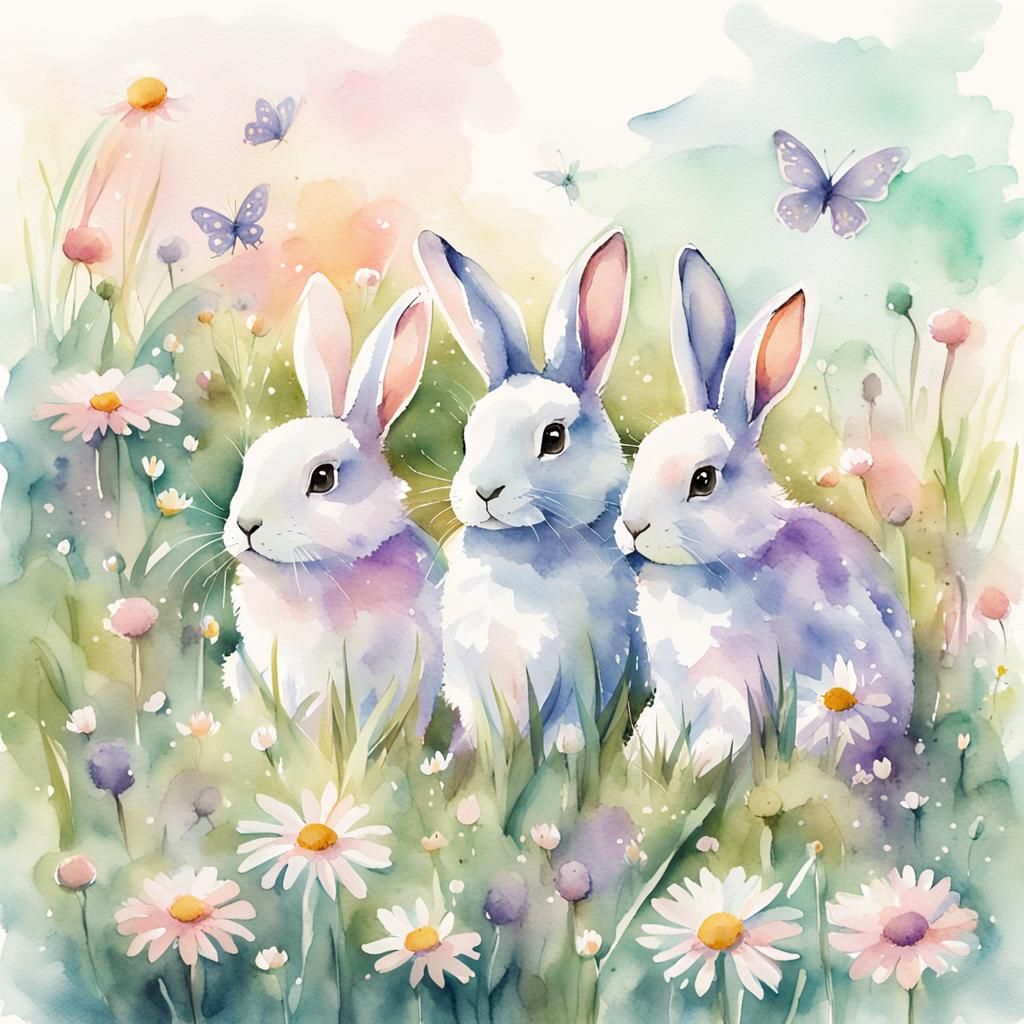 Cute Bunnies in Meadow: Whimsical Watercolor Illustration